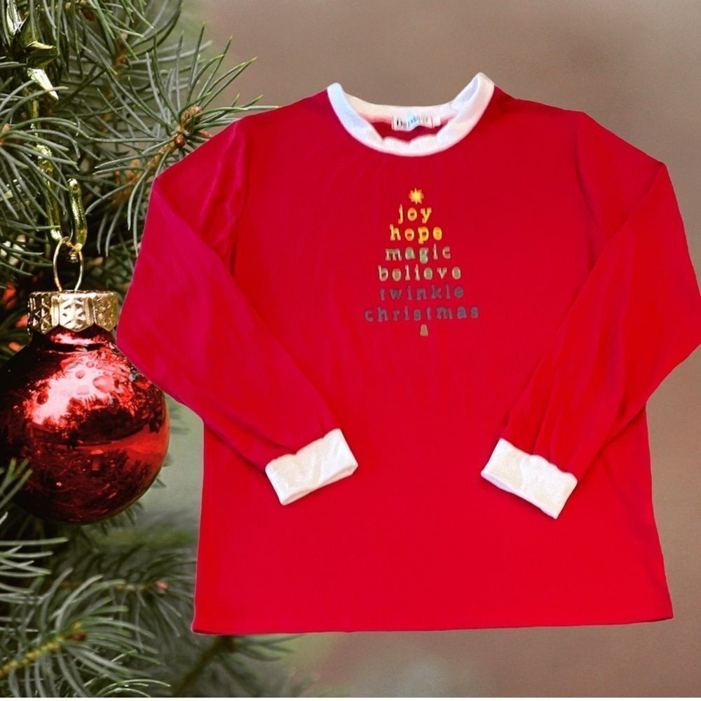 DRESSWEL Red Long Sleeve Christmas Tee w/ White Ribbing at Neck & Wrist